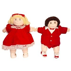 Vtg Handmade PAIR 18" Soft Sculpture Dolls Cabbage Patch Type Boy Girl Christmas